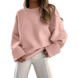 Women's Coral Pink Oversized Long Sleeve Casual Fuzzy Knit Sweater